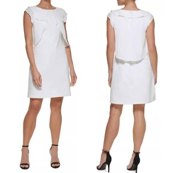 NWT DKNY Petite Split-Overlay Crewneck White Dress 0P - Picture 1 of 10
